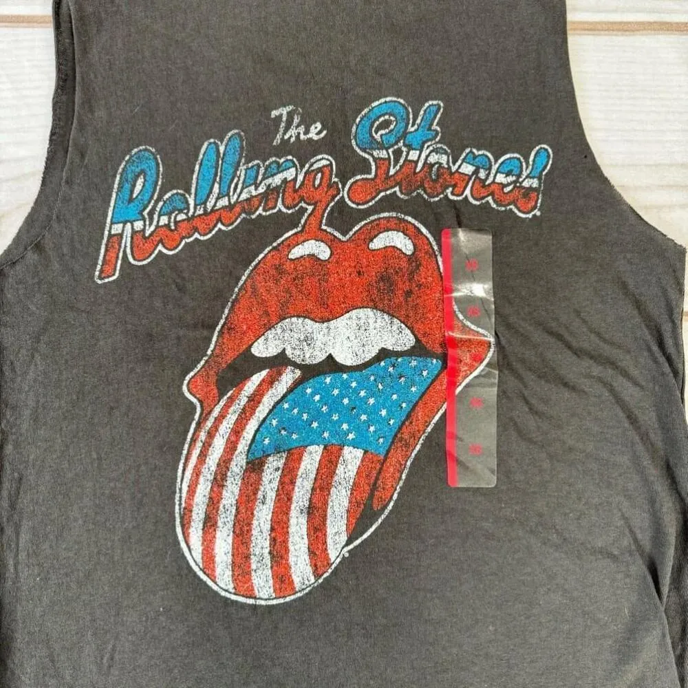 Epic Rolling Stones Faded Black Vintage Look Thrashed Patriotic Logo Cut Off Tee Size XS - Image 2