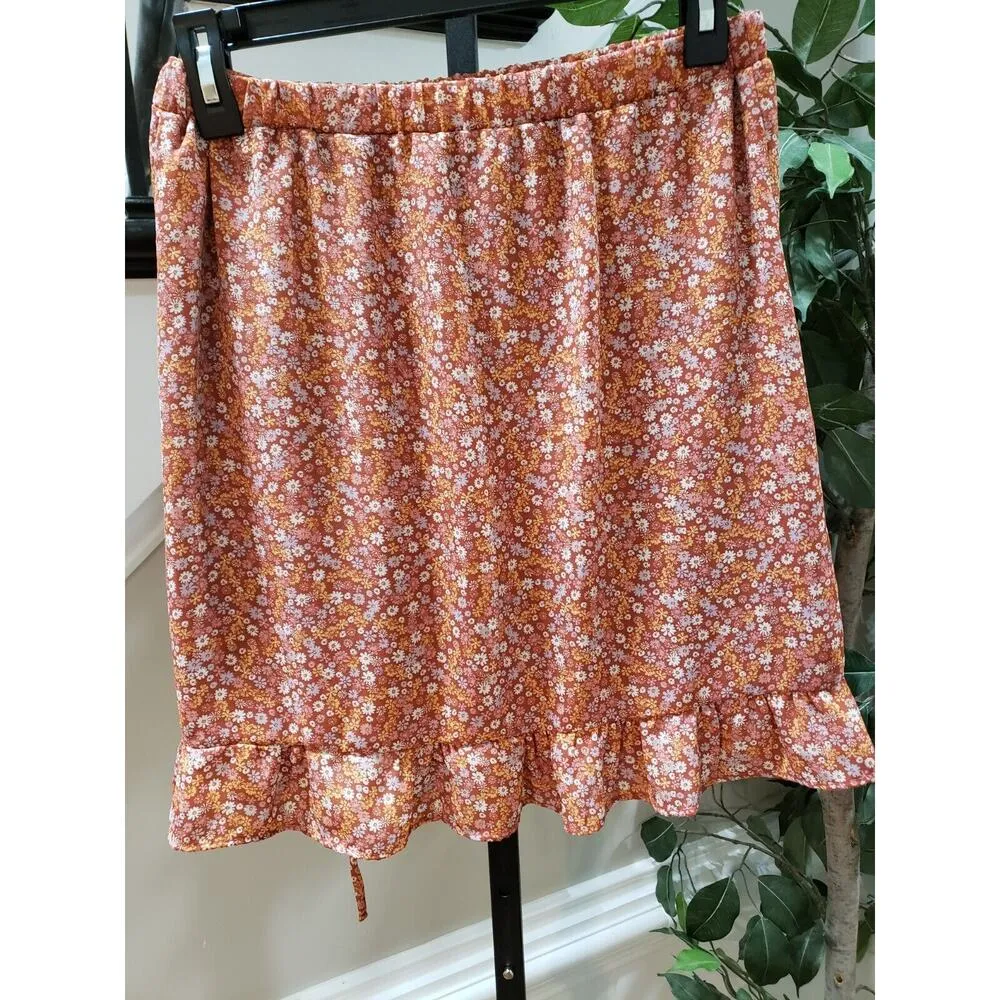 Moa Moa Straight & Pencil Skirt Womens Orange Floral Elastic Waist Ruffle Trim M - Image 2