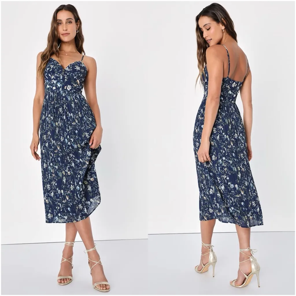 LULU’S Poise And Perfection Navy Floral Print Pleated Midi Dress - Image 2
