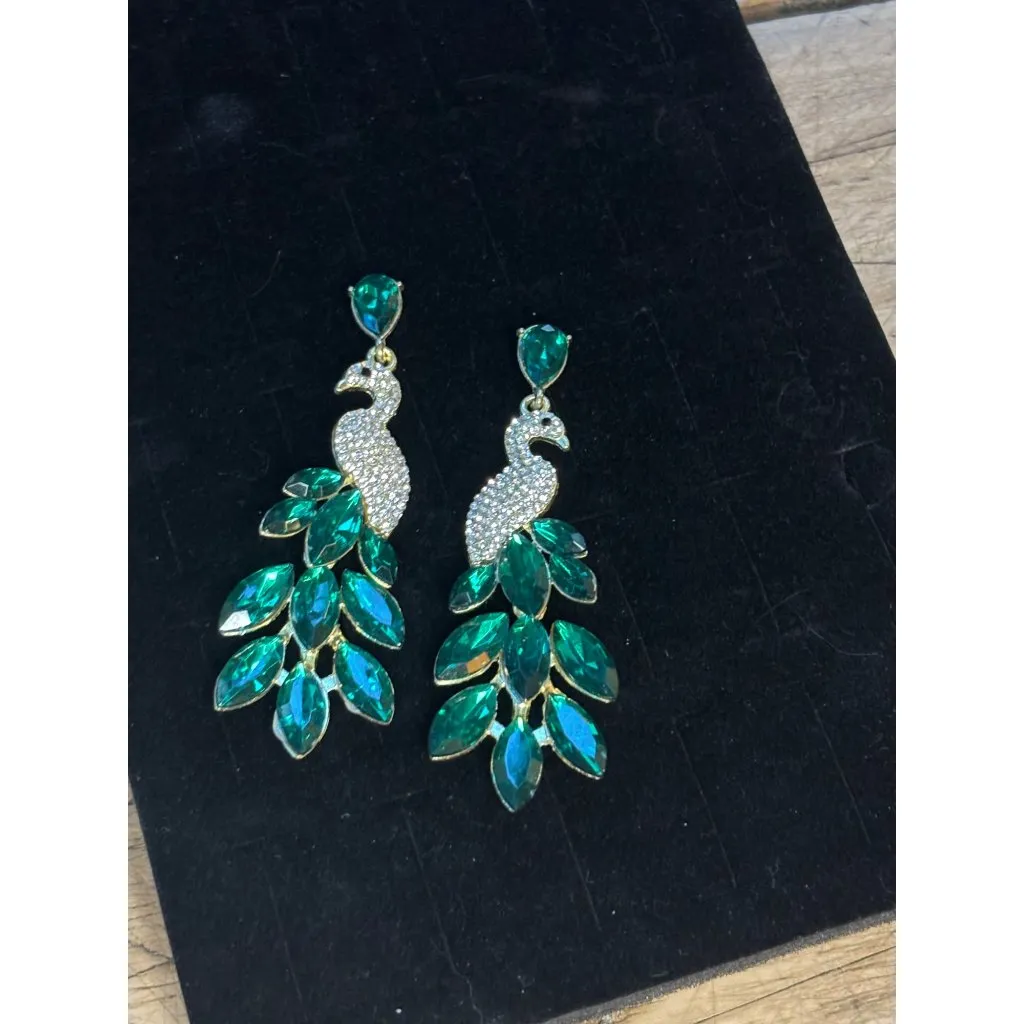 Peacock Crystal Drop Earrings With Green Gemstones - Image 5