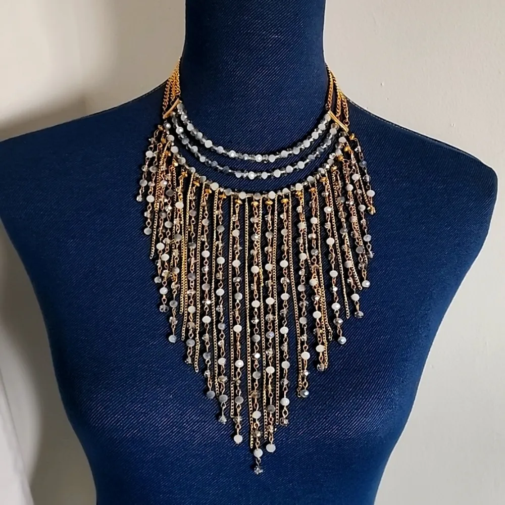 Statement Choker Necklace Earrings Set Cascading Crystal and Chain Waterfall Blue - Image 9