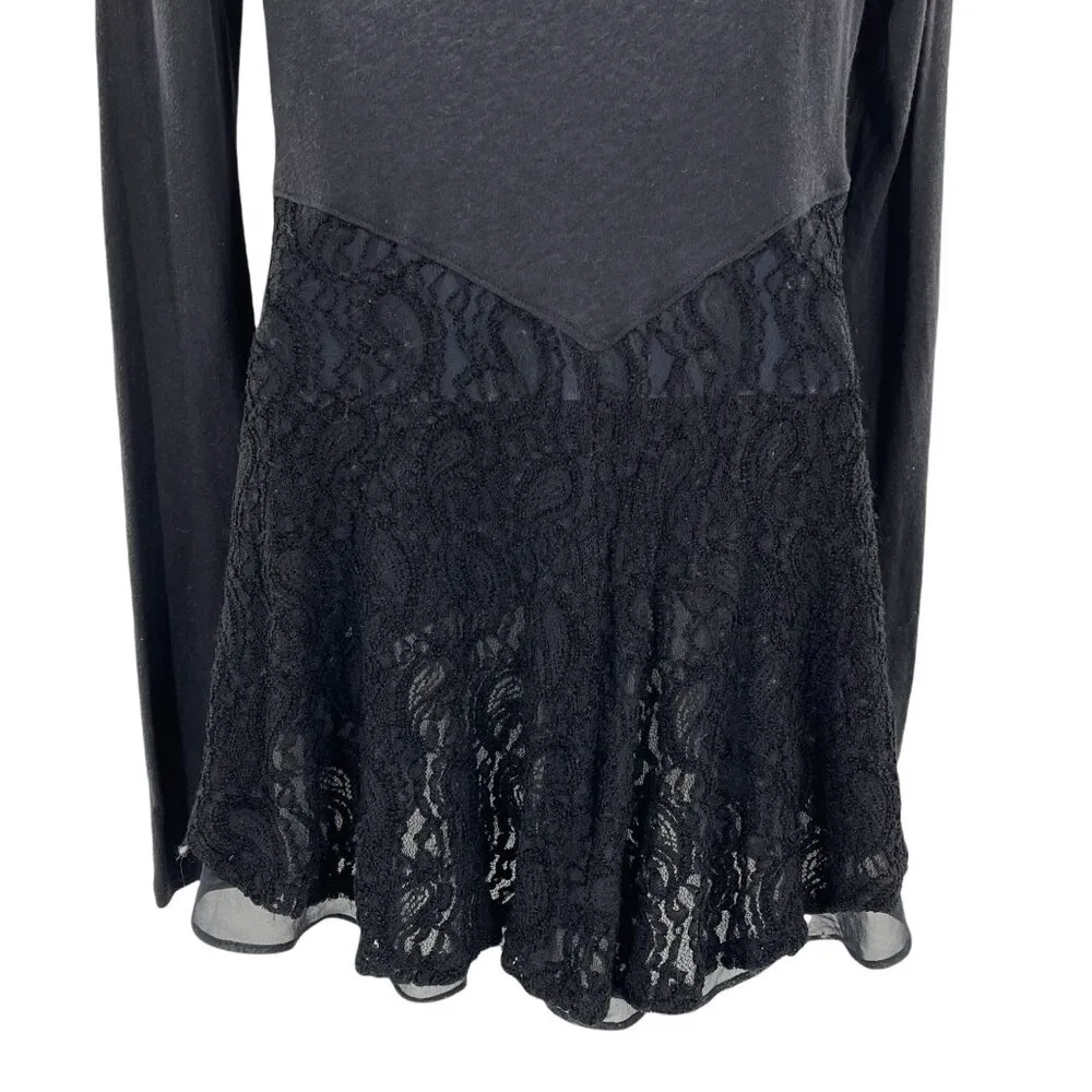Free People Lace Back Peplum Ruffle Long Sleeve Blouse Top Shirt Black High Low - Image 3