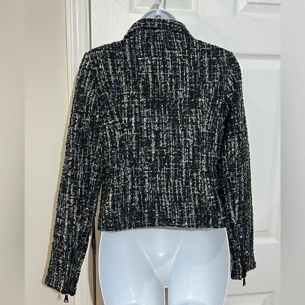 Express Black White Blue Metallic Sparkle Tweed Moto Jacket Coat Size Small - Image 3