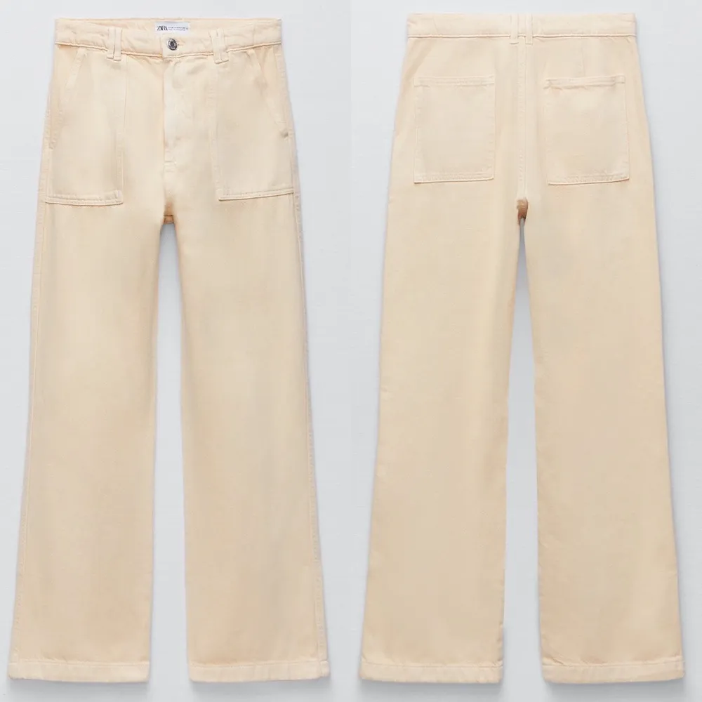 Zara WIDE LEG JEAN PANTS Beige/Light Yellow Color Size L NEW - Image 5