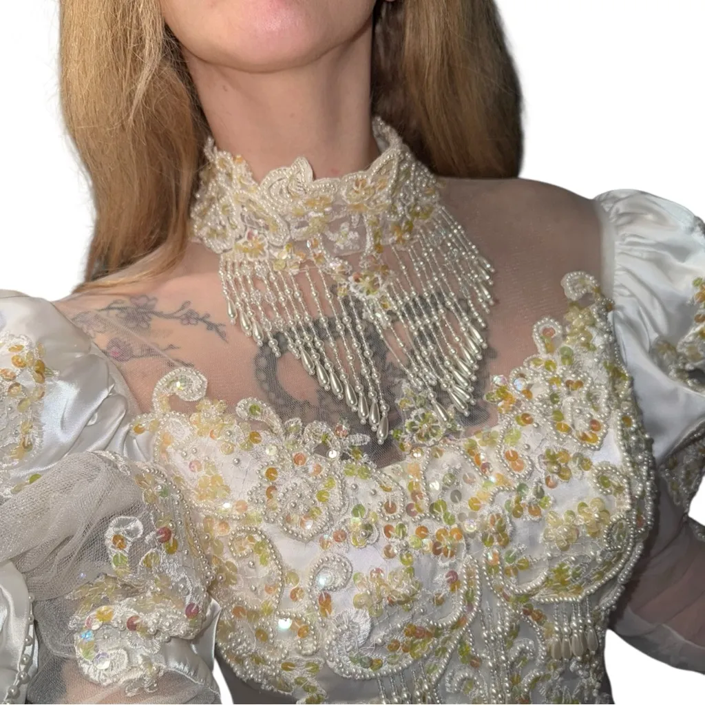 Vtg 80s Beaded Alfred Angelo Satin Lace White Long Slv Wedding Dress 12ft Train - Image 4