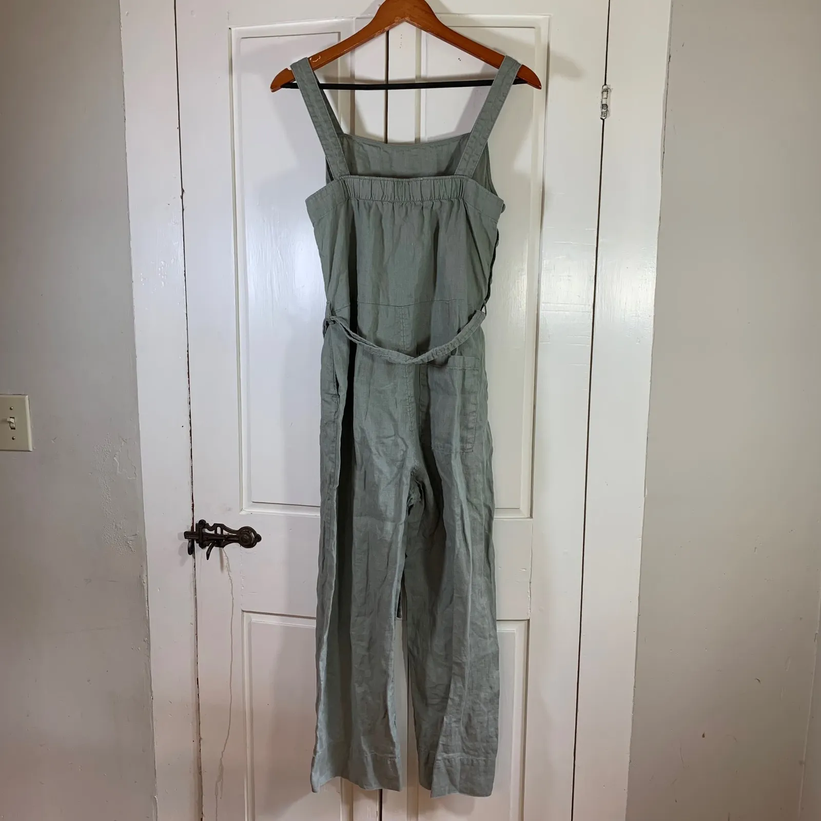 Everlane 100% Linen Jumpsuit Women 4 Green Belted Sleeveless Coastal Summer READ - Image 2