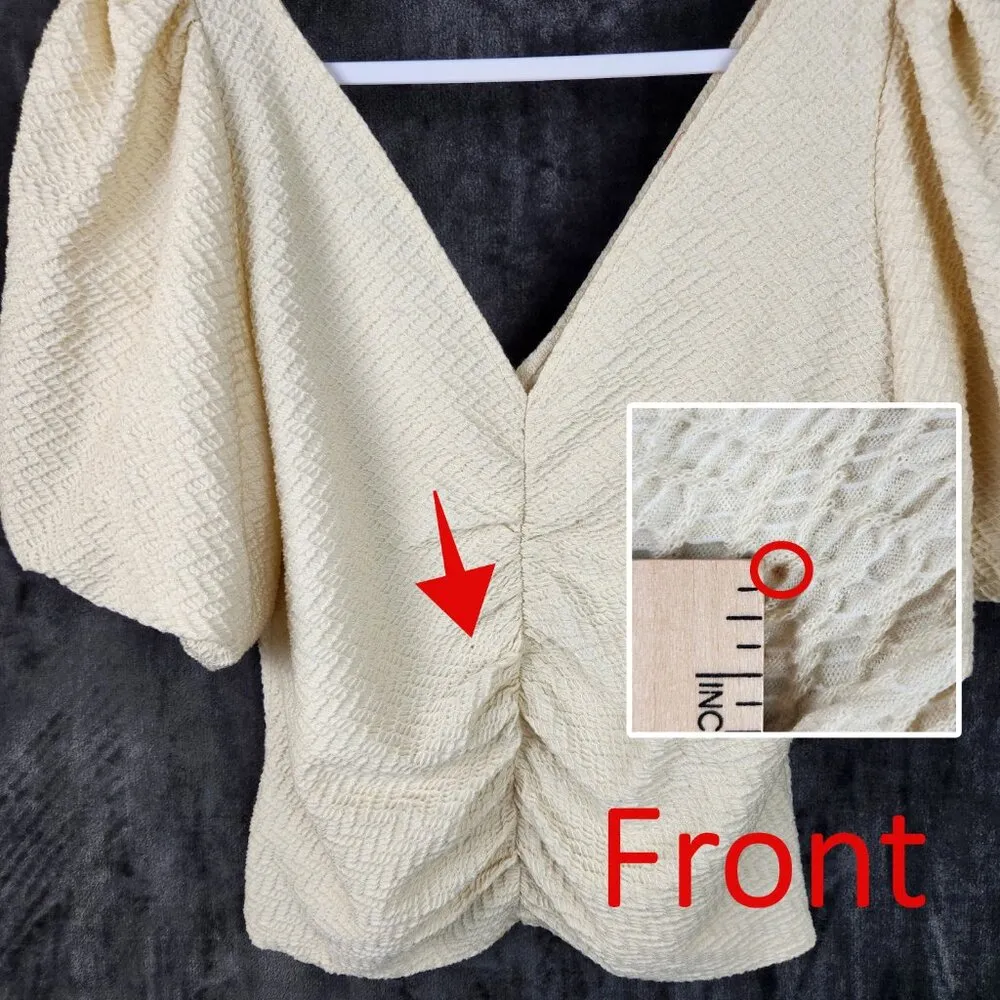 Free People Cupcake Ruched Puff Sleeve V Neck Top Size XL Ivory Blouse - Image 6