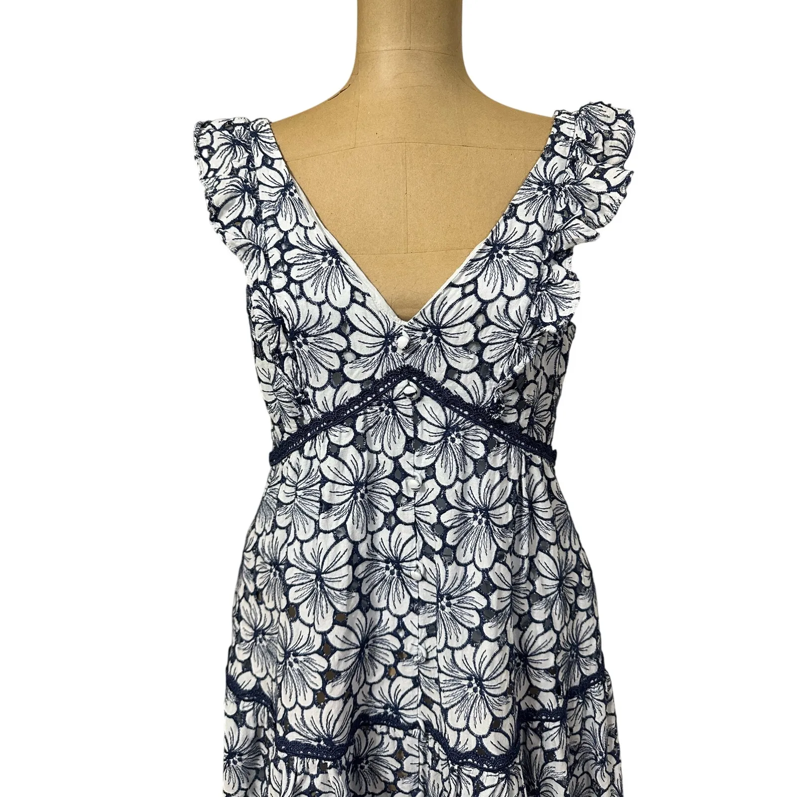 Marchesa Notte Midi Knee Dress Broderie Blue Floral Print Cotton Size 6 - Image 7