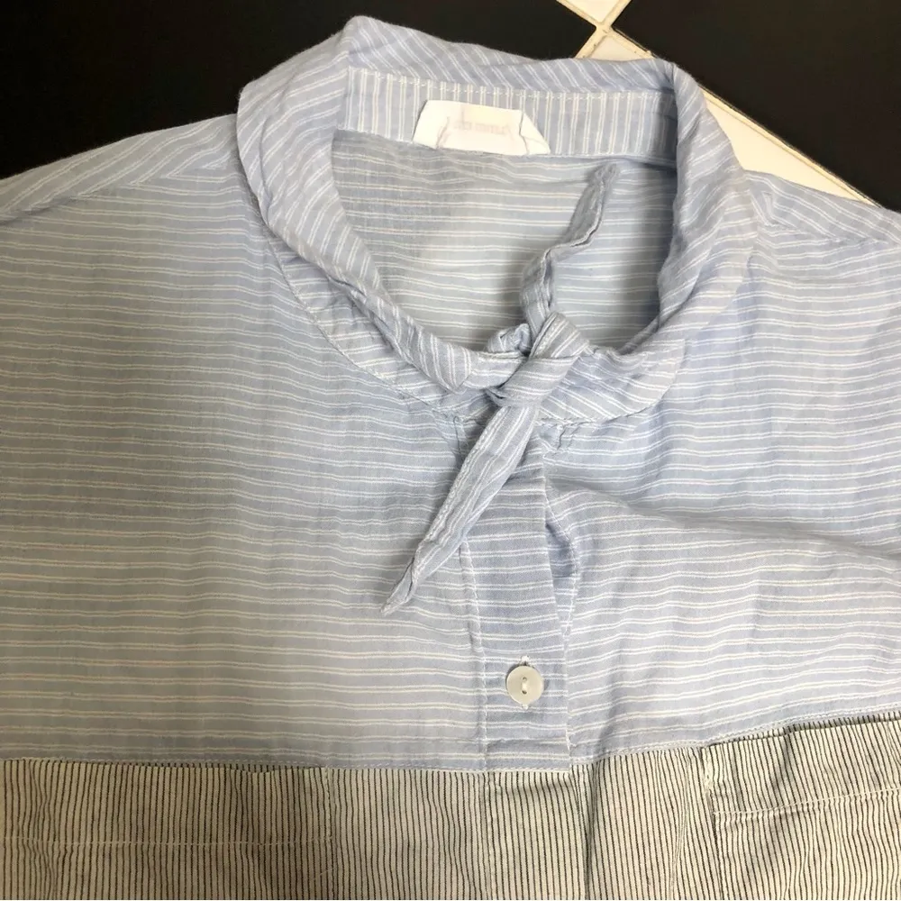 Sita Murt Blue Camp Top Tie Collar Top Soft Cotton Short Sleeve Retro Striped M - Image 7