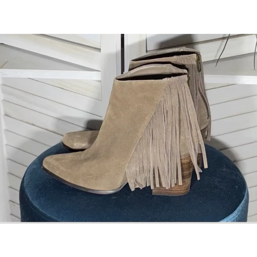 Steve Madden ankle cowboy boots genuine suede leather beige boho fringes sz 10 B - Image 2