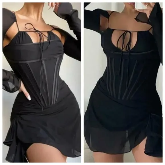 House of CB Gianna Corset Silk Long Sleeves Mini Dress Cocktail Party Date Night - Image 2