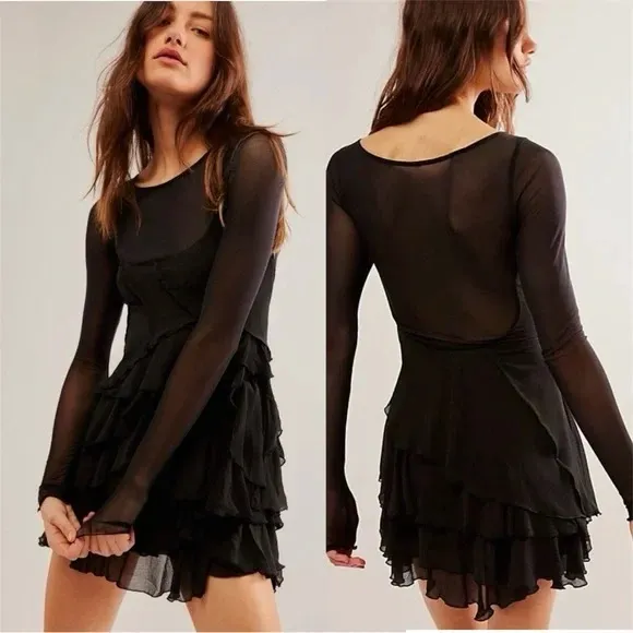 Free People Black Sheer Ruffle Dress - Image 2