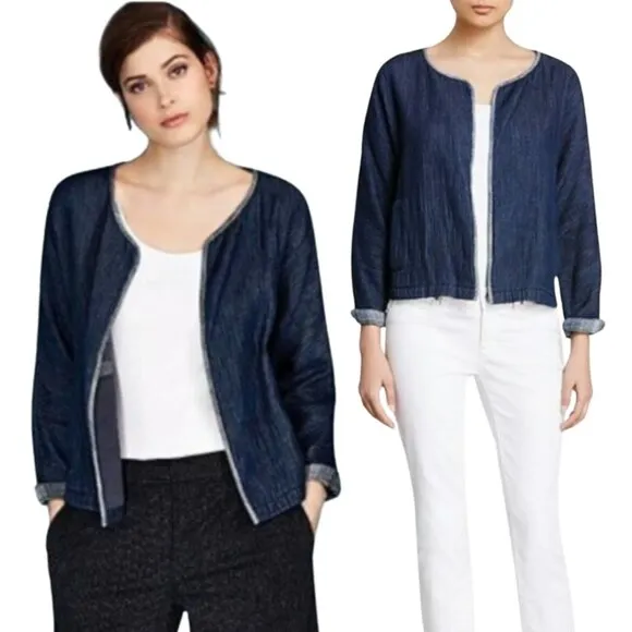 Eileen Fisher Organic Cotton Double Weave Short Jacket Women's Small Blue Casual - Image 2