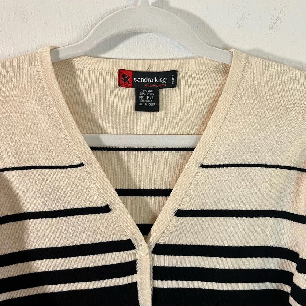 Sandra King Cardigan Black & Cream Striped V Neck Button Up Silk Blend Sz LP EUC - Image 2