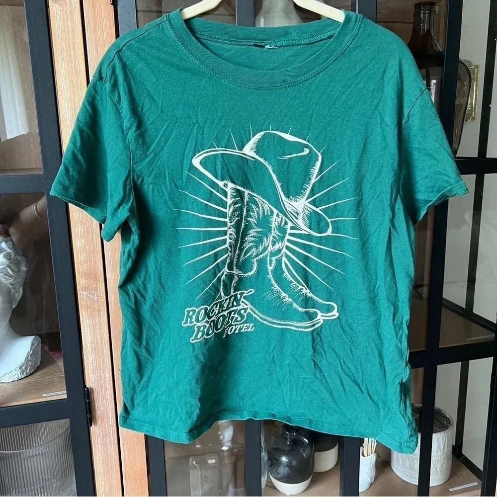H&M western tee short sleeve tshirt cowboy boots hat green top - Image 2