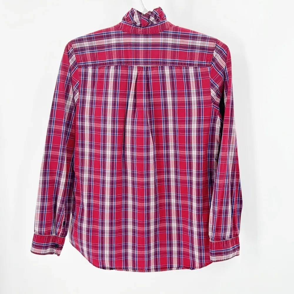 GAP boyfriend fitted shirt red plaid ruffled accented collar preppy chic classic - Image 8
