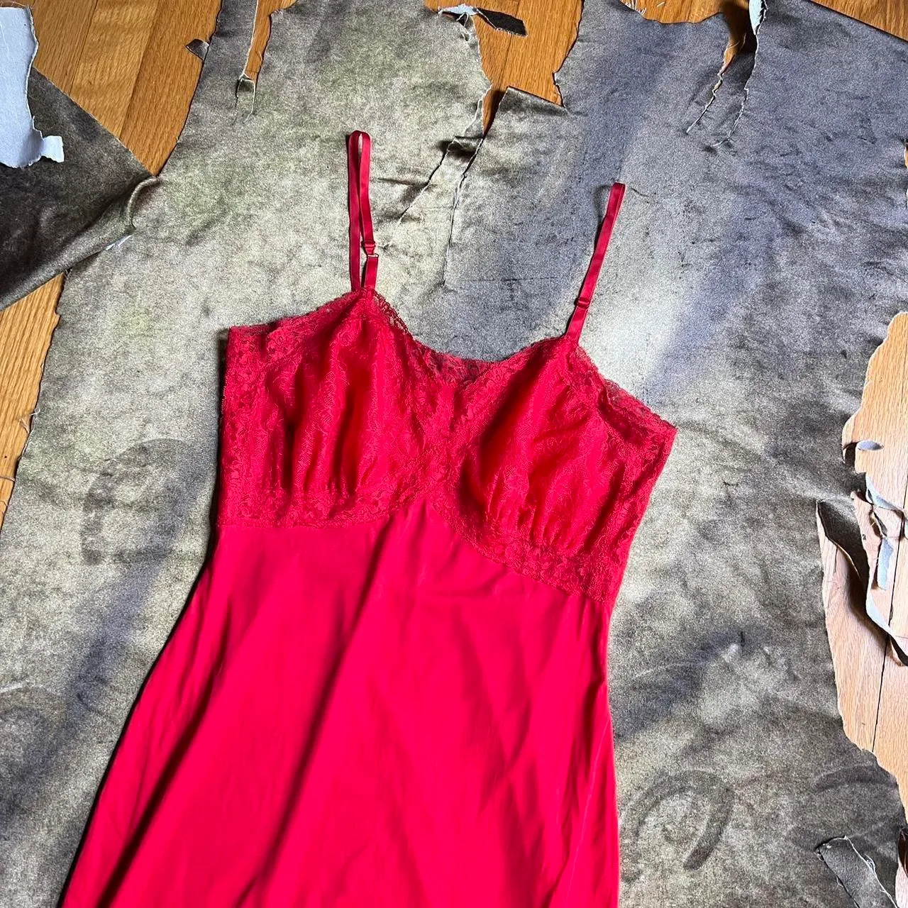 Vintage Maraschino Cherry Red Lace Trim Slip Dress Size L - Image 3