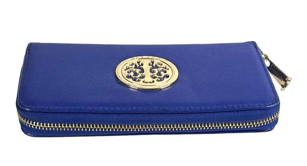Dasein Zip Around WALLET Blue Gold Emblem Clutch Handbag Purse Faux Leather - Image 3