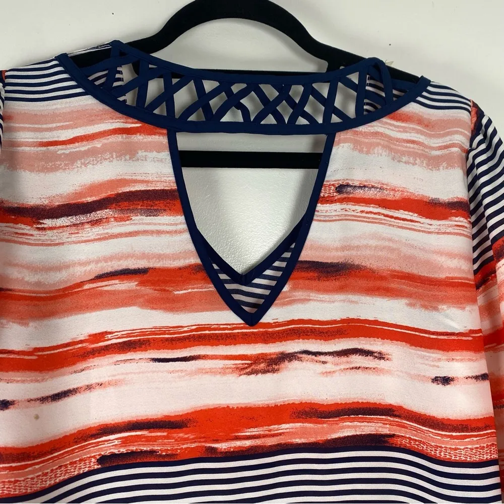 iZ Byer Women's Blouse Orange, Blue, White 3/4 Sleeve V Neck Top Size L - Image 5