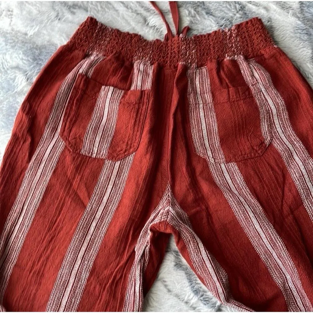 Sincerely Jules Linen Pants MEDIUM Striped Roll Tab Hem Cuffed Boho Smoked Orange - Image 9