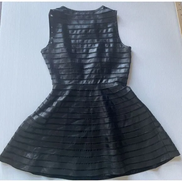 Red Saks Fifth Ave Black Leather Stripe Mesh Panel Sleeveless Fit‎ Flare Dress S - Image 7