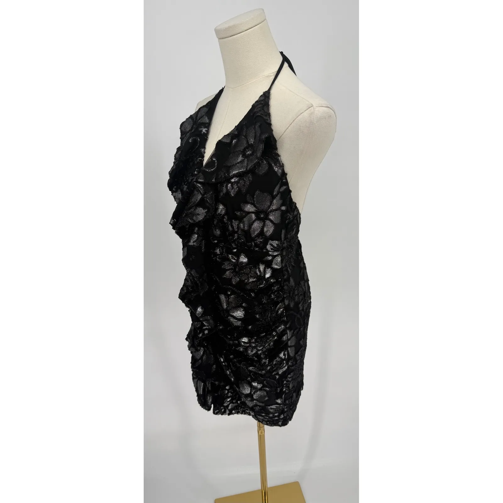NWT Ramy Brook Hackett Metallic Floral Halter Minidress Gunmetal  Sz 6 $465 - Image 9