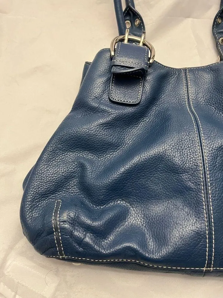 Tignanello Satchel Bag, Blue Pebble Leather, Magnetic Closure, EUC - Image 8