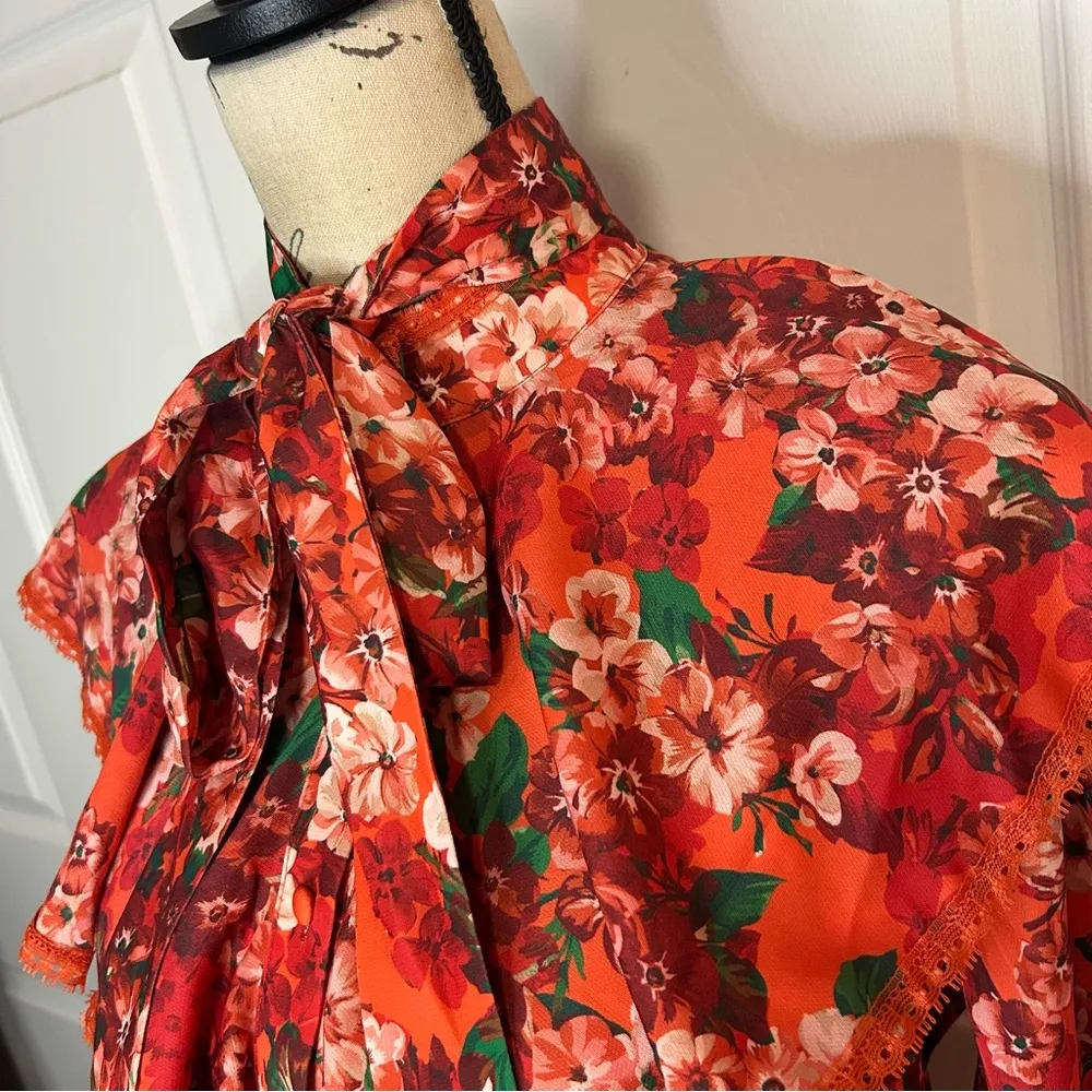 New York & Company Long Sleeve Floral Ruffle Bell Sleeve Blouse Orange - Image 3