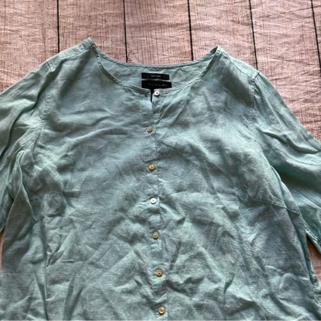 Tahari 100% Linen Button up Shirt Roll Tab Sleeve Teal Blue Women's Size 1X - Image 3
