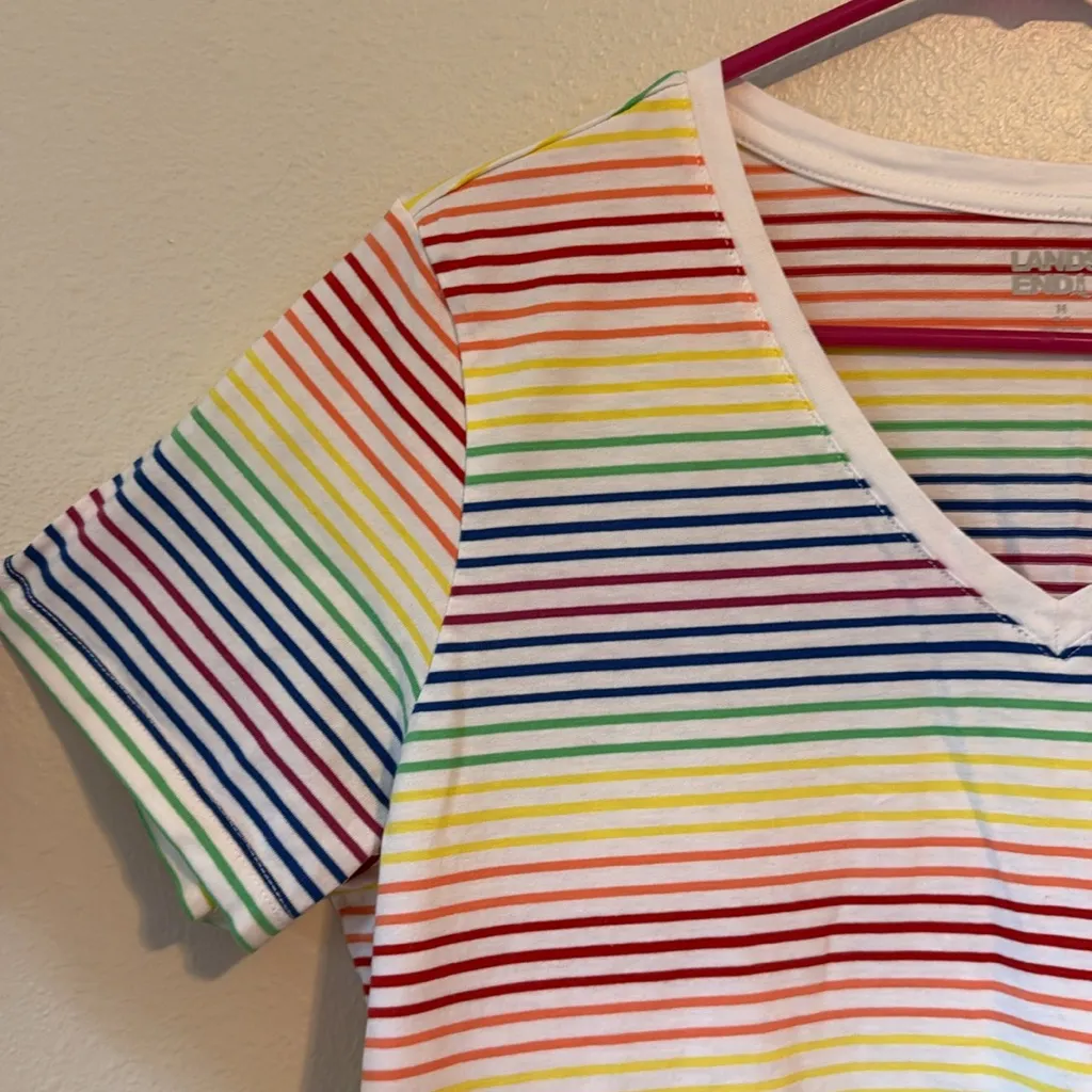Lands' End Multicolor Rainbow Striped Tee V Neck Medium 10 12 Red - Image 7