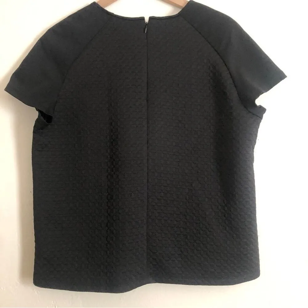 Rafaella Black Quilted Silver Metal Accent Short Sleeve Round Neck Blouse Top - Image 7