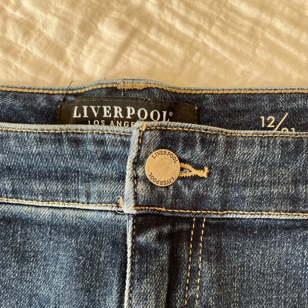 LIVERPOOL High Rise Raw Frayed Hem Dark Wash Denim Shorts Size 12/31 - Image 6