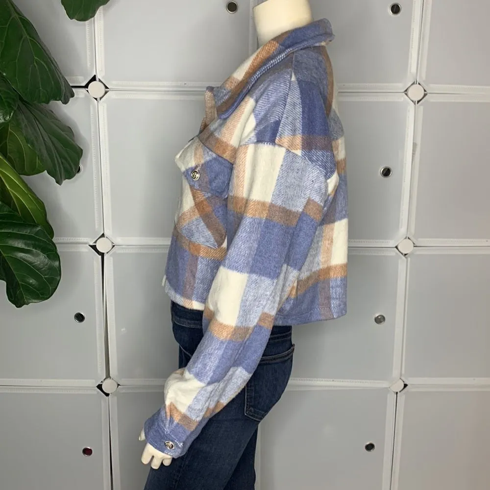 Plaid Print Drop Shoulder Crop Overcoat Size Large Blue - Image 5