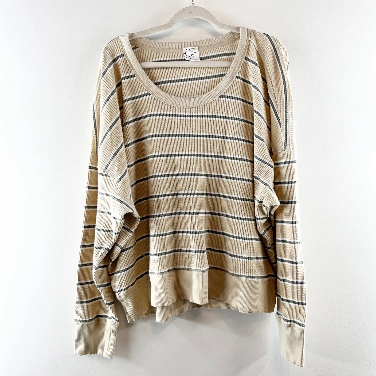 Aerie Offline Long Sleeve Striped Waffle Tee Shirt Tan Green XL - Image 3