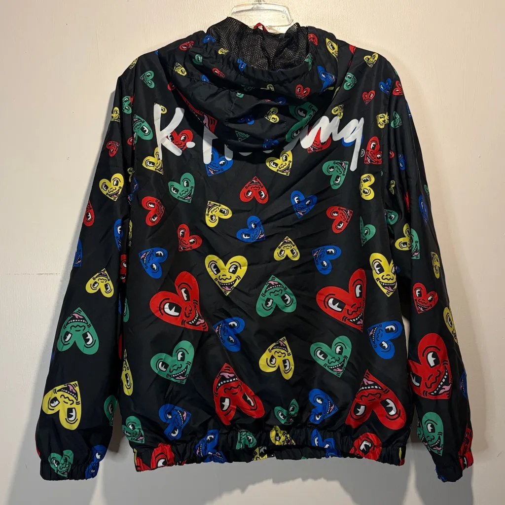Members Only x K. Haring- Colorful Heart Faces Black Windbreaker Hood- Size L - Image 2
