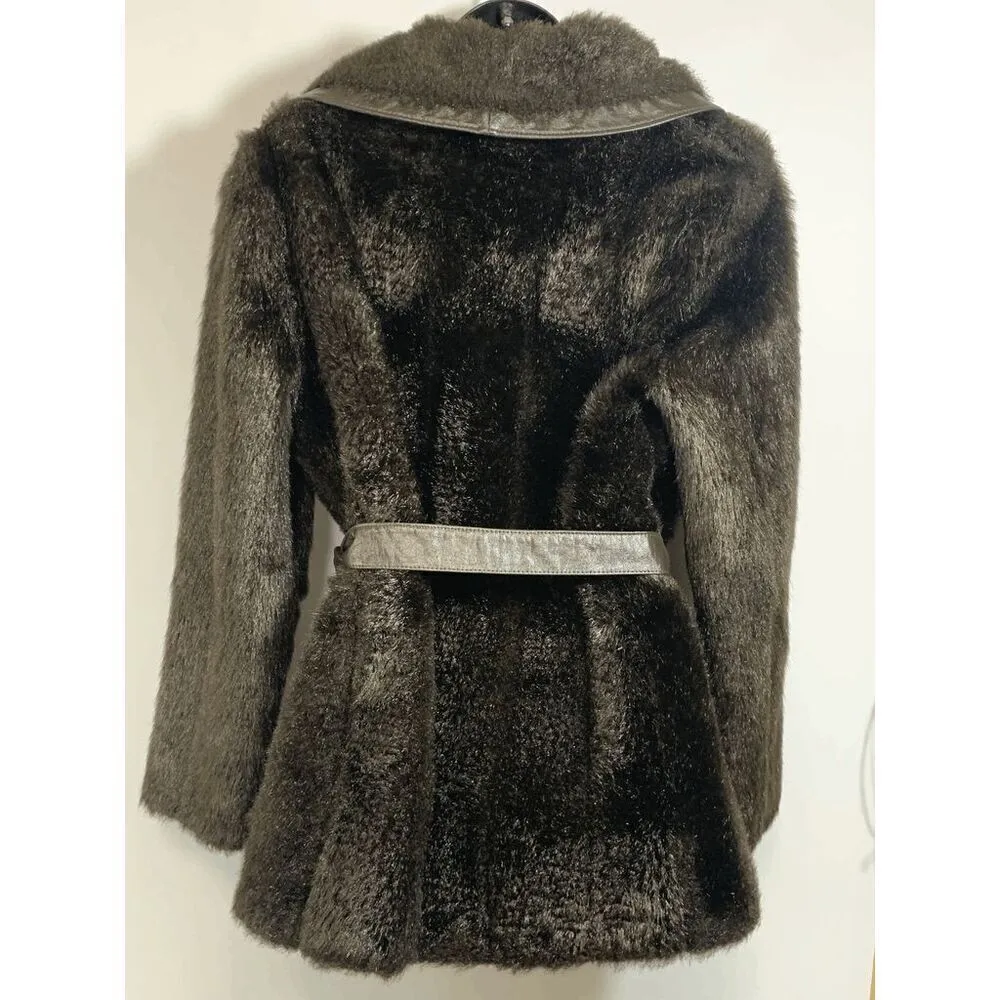 Vintage Women’s Faux Fur Leather Tie Front Shawl Coat Brown Size Medium - Image 4
