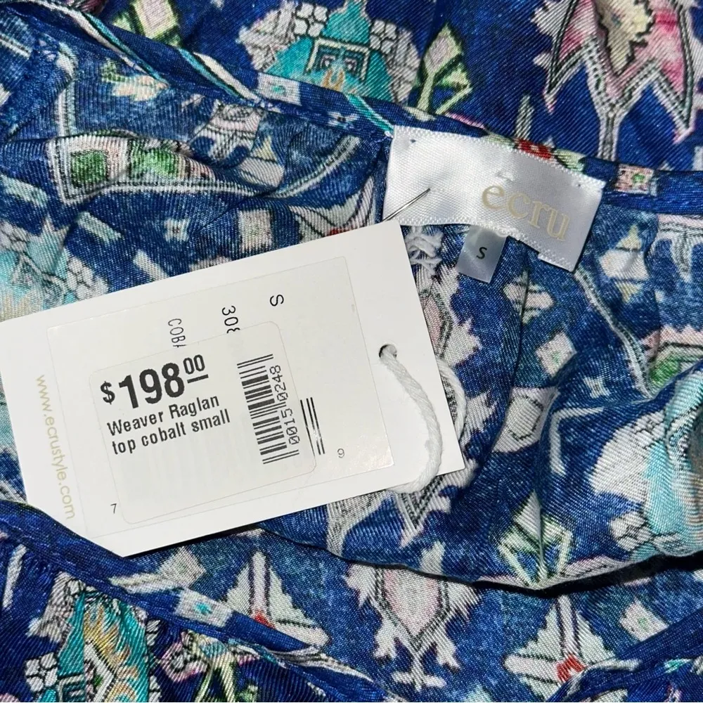 Ecru NWT Women’s S Cobalt Blue Weaver Kilim Silk Aztec Print Tassel Front Top - Image 6