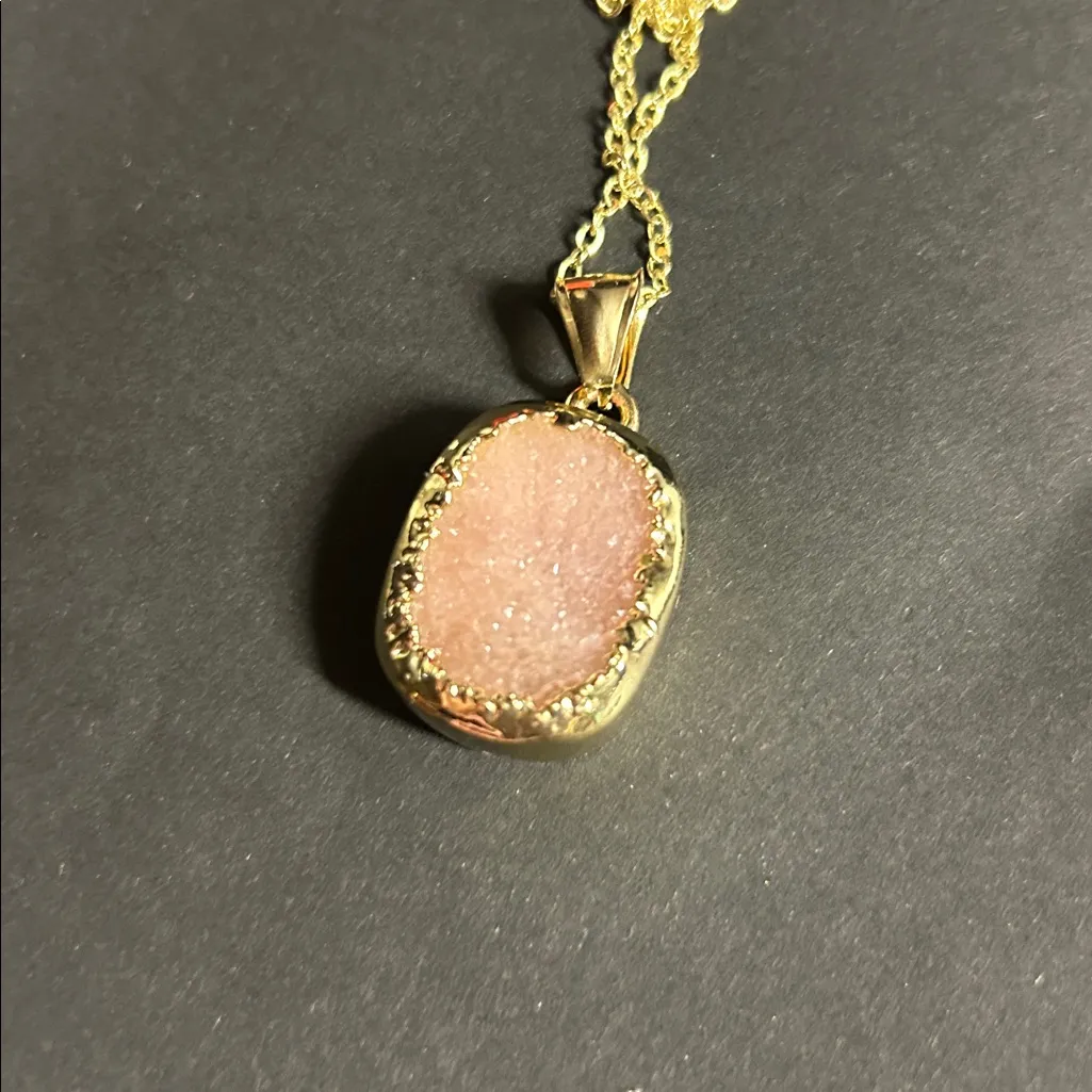 Druzy Rose Quartz w Gold Edging Pendant 20 inch Chain - Image 2