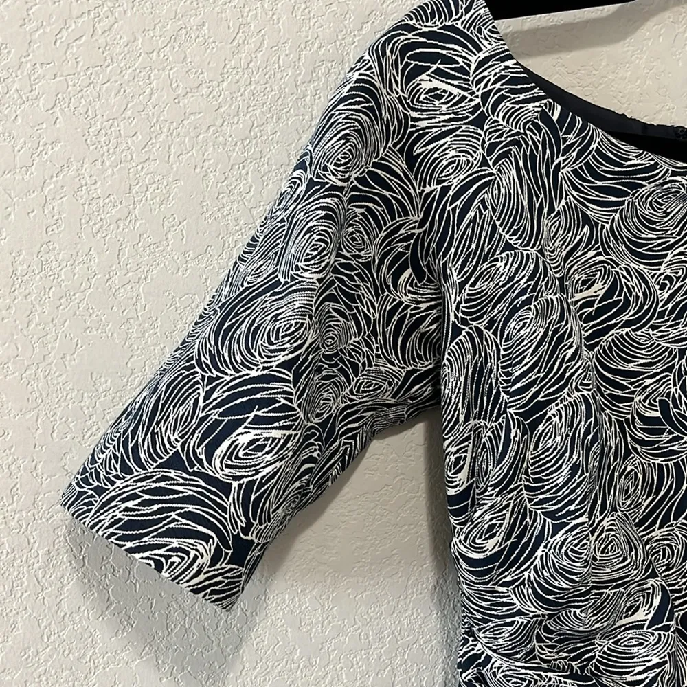 LELA ROSE Women's Navy Floral Rose Print Drape Crew Neck Pencil Dress, Size 8 - Image 6