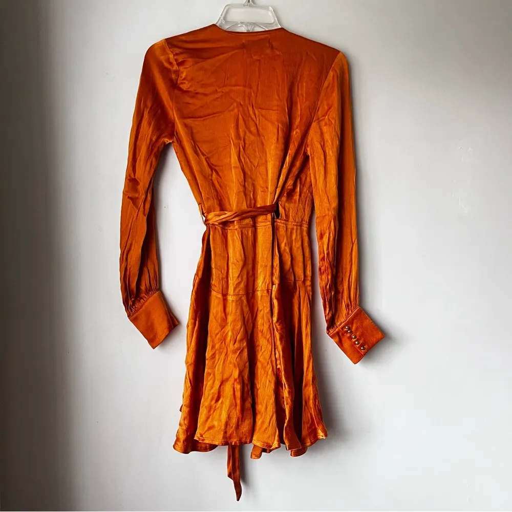 Penelope Safran Copper Orange Satin Solid Mini Wrap Dress XS NWT - Image 7