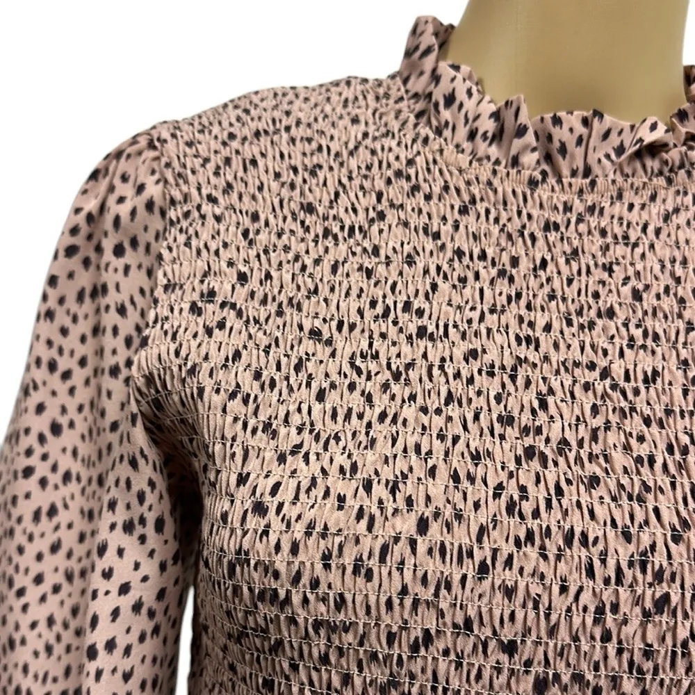 Andthewhy Smocked Cheetah Animal Print Long Sleeve Smocked Peplum Blouse Large - Image 5