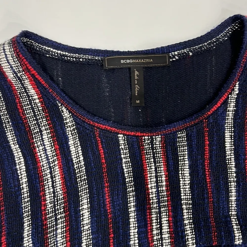 BCBG Kathy Navy Red White Striped Mini Dress Med Boucle Fringe Pockets Textured - Image 8