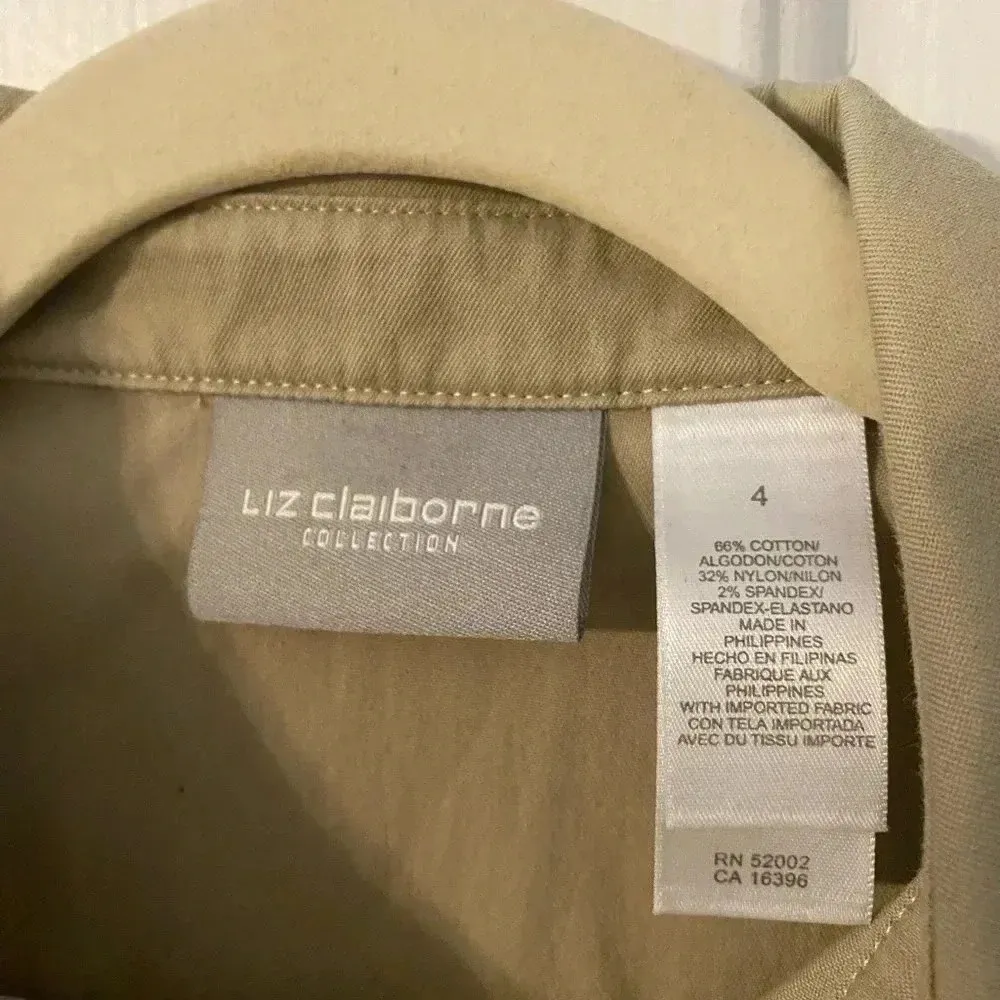 Liz Claiborne Button Front Shirt Dress‎ Khaki Safari Dress Cap Sleeve Size 4 - Image 3
