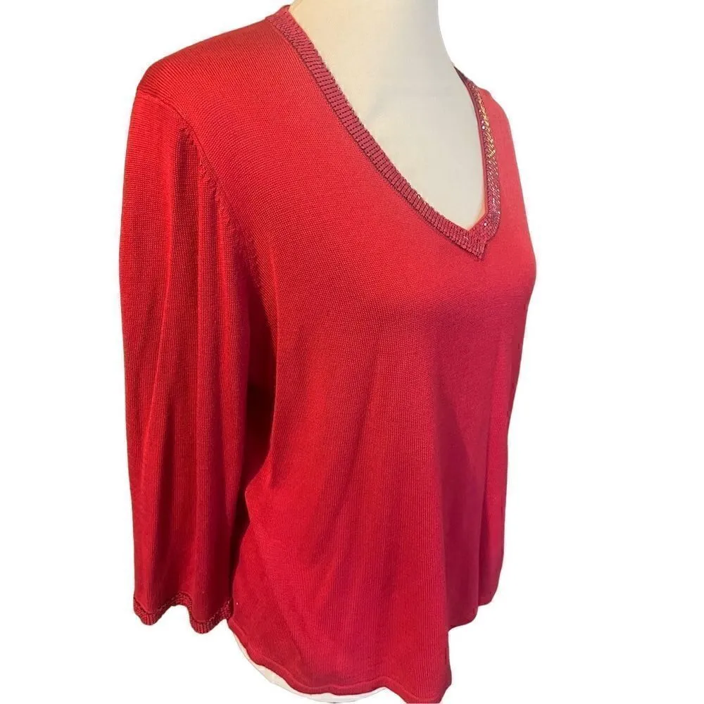 Requirements Red V-Neck Sequined Long Sleeve Lightweight Sweater Size XL - Image 4
