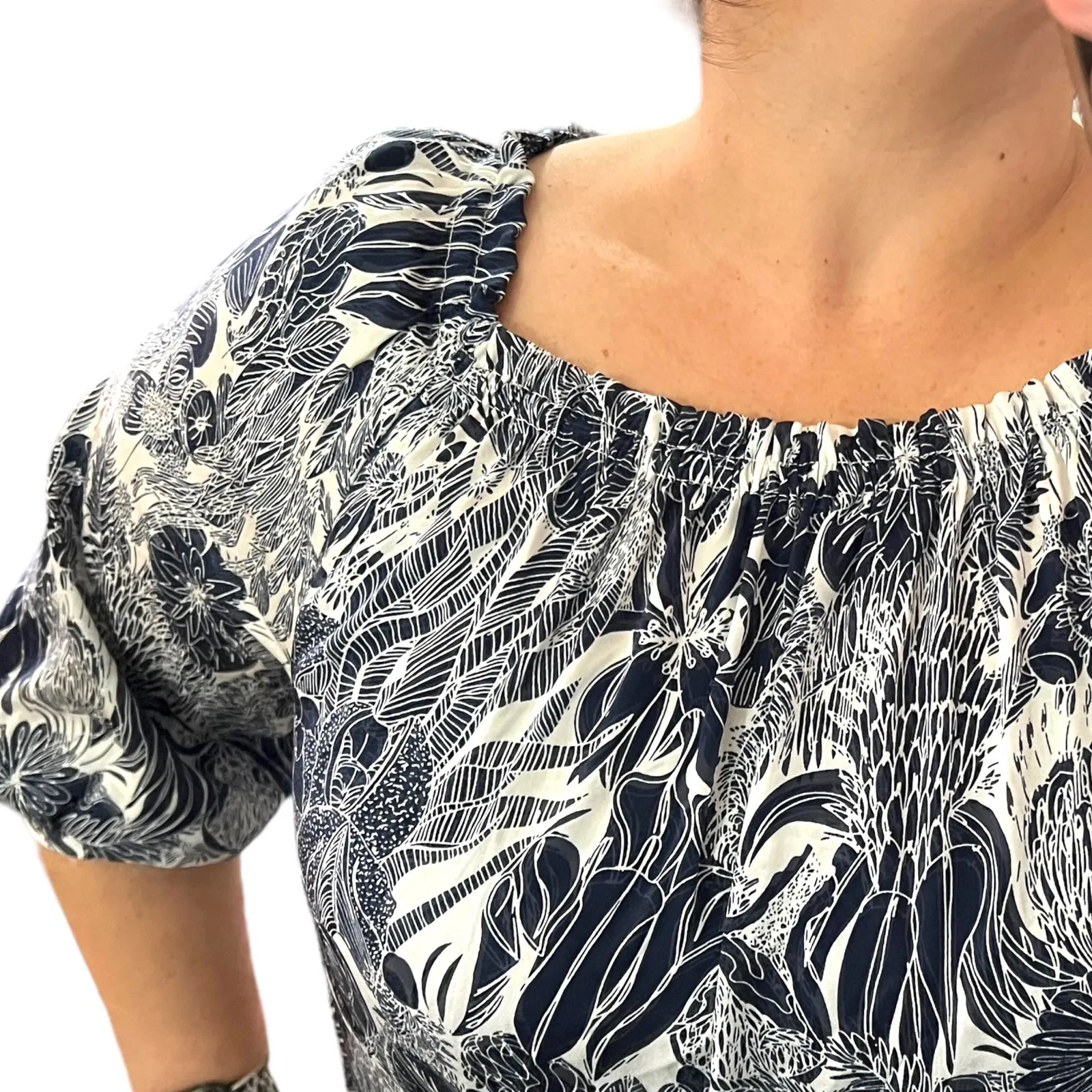 H&M Size 2 Floral 3/4 Cuff Sleeve Elastic Square Neck Waist Tie Shift Dress - Image 6