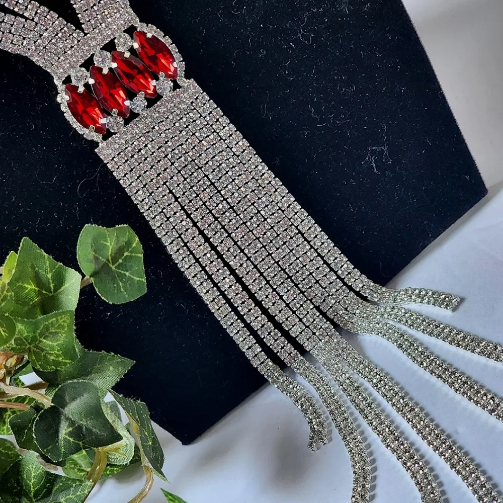 Statement Ruby Red Clear Crystal Necklace Earrings Set - Image 5