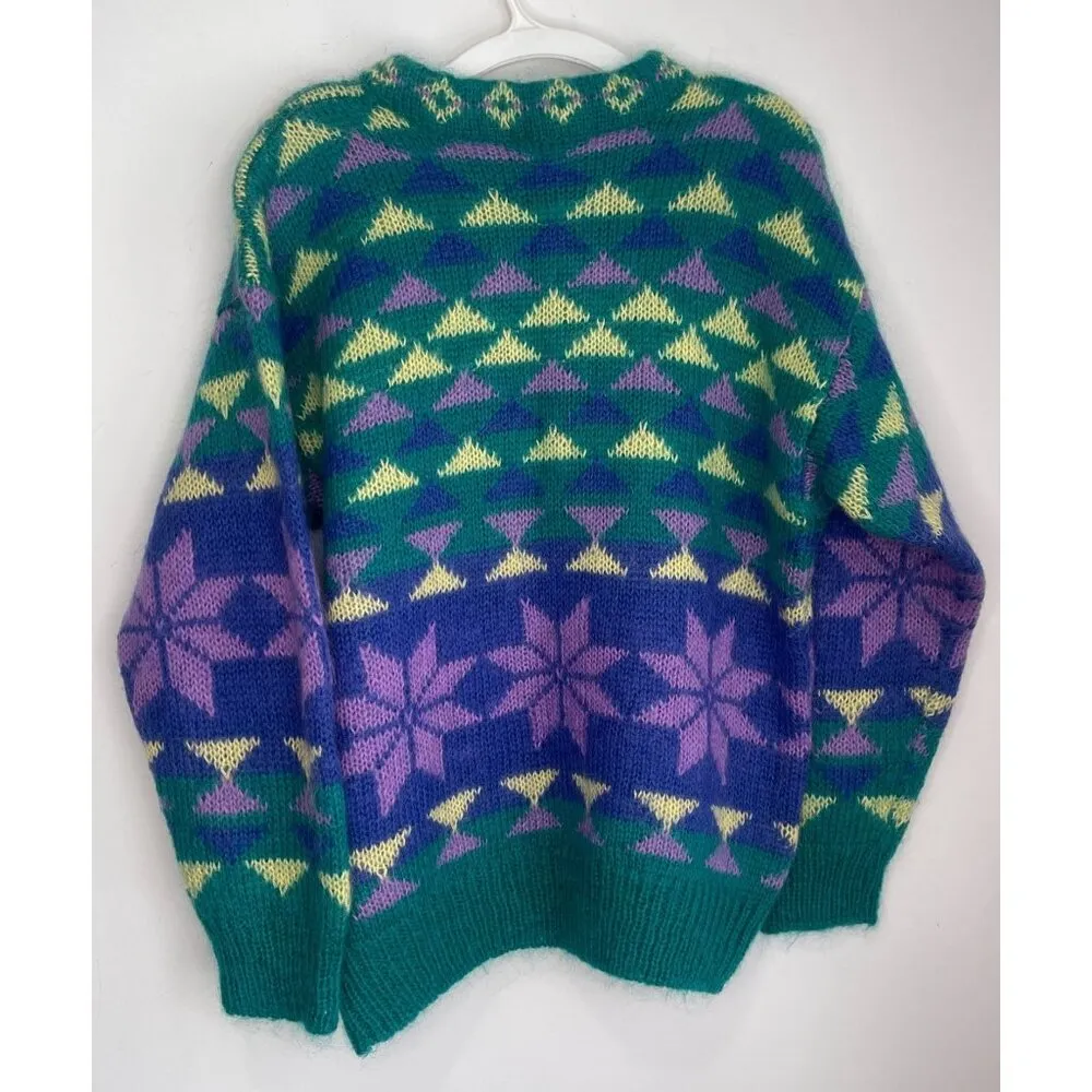 Vtg 80s Gallagher Mohair Wool Blend Sweater Geometric Hong Kong Size L Green Size L - Image 4
