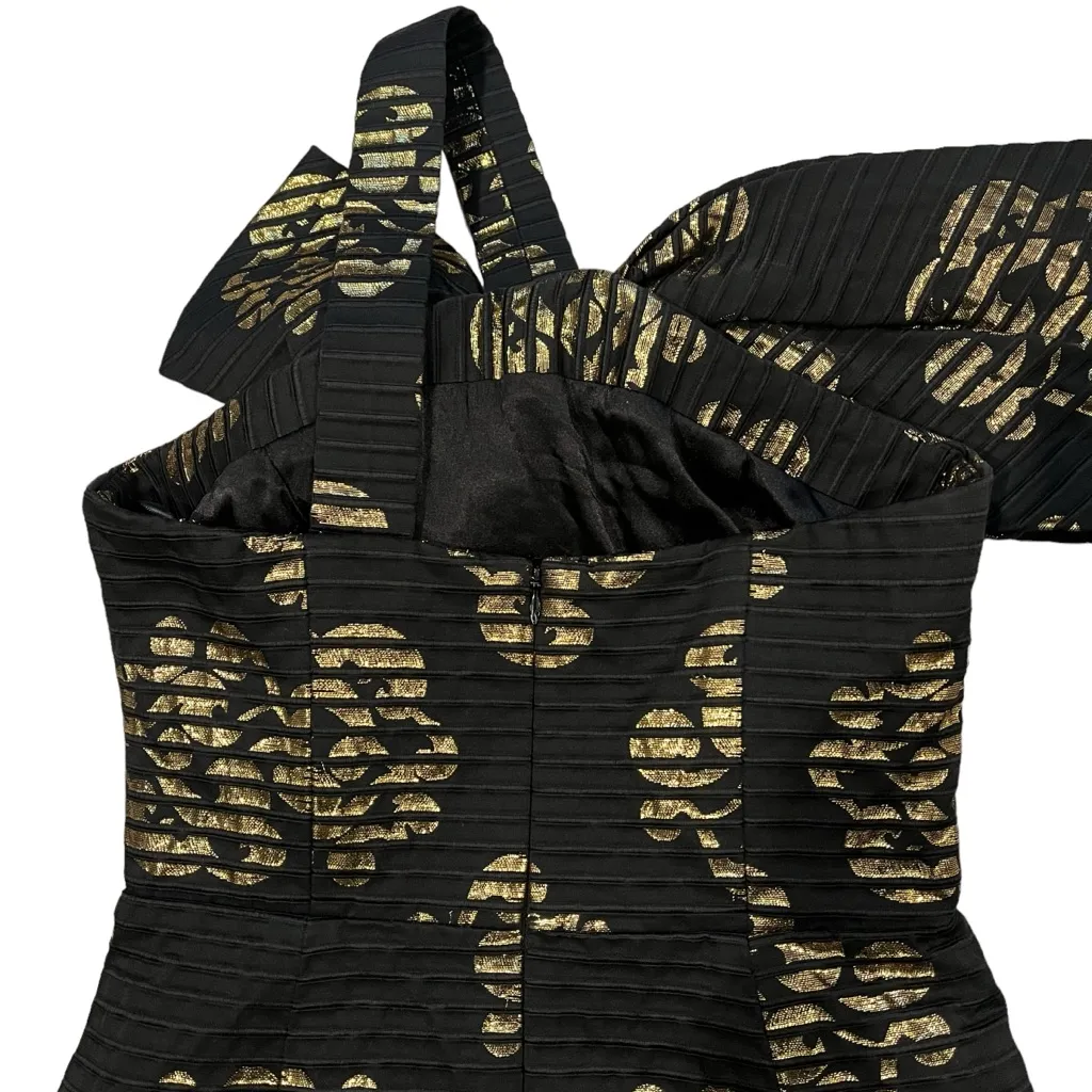 Milly of New York Black Gold Metallic Textured One Shoulder Bow Mini Dre… Size 2 - Image 7
