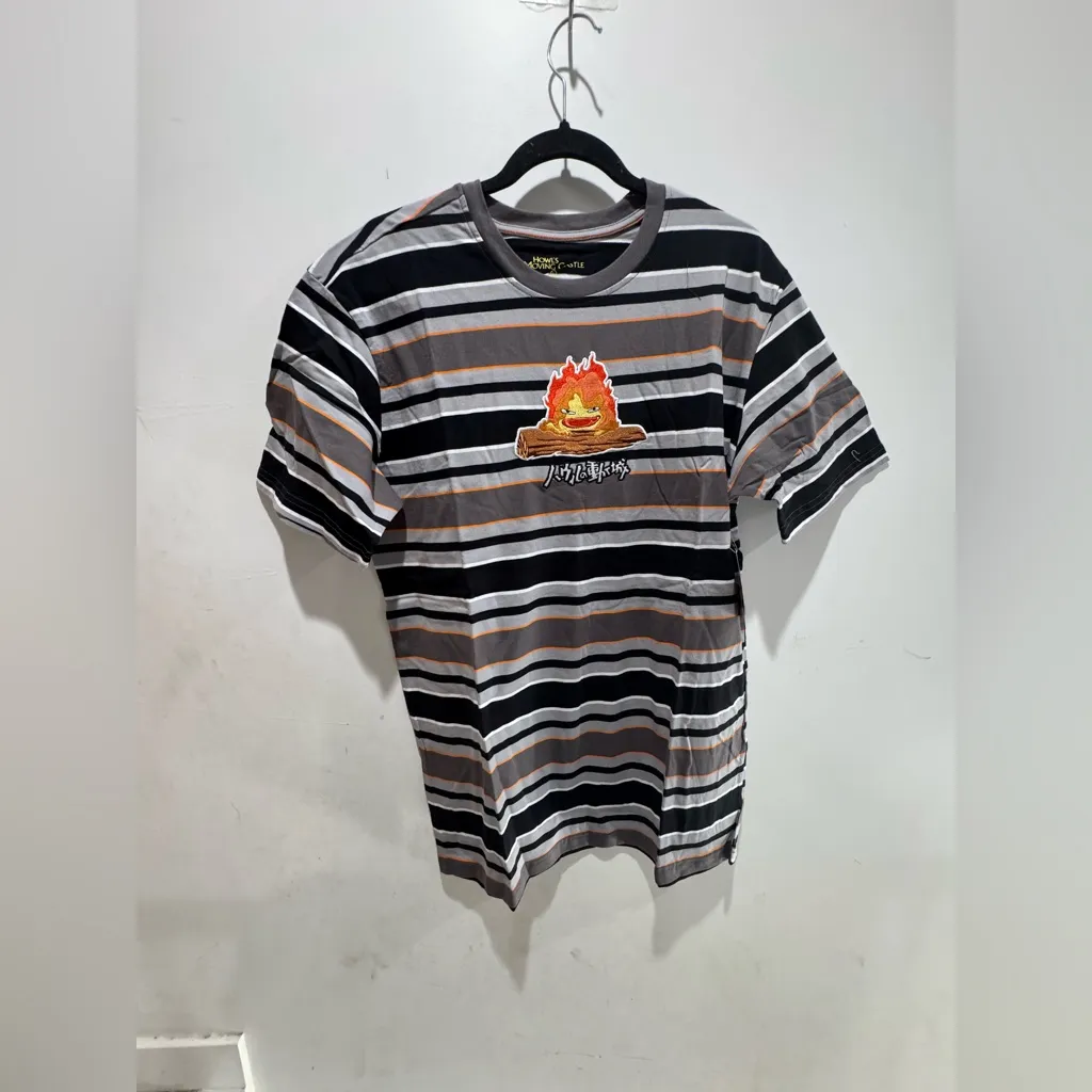 Studio Ghibli Howl's Moving Castle Calcifer Embroidered Striped T-Shirt - Image 2
