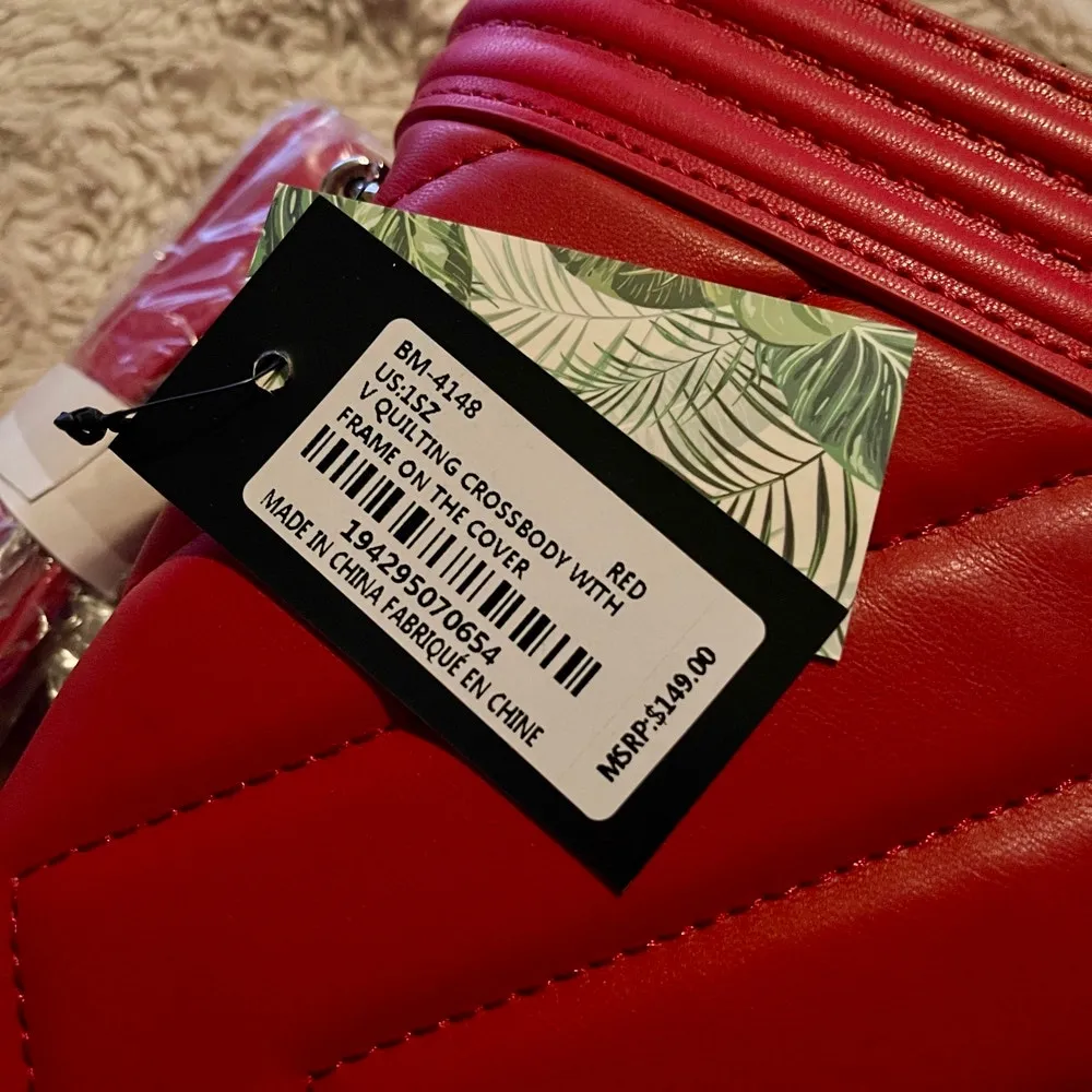 Badgley Mischka Crossbody Shoulder Flap Bag Red V Quilt New With Tags - Image 5